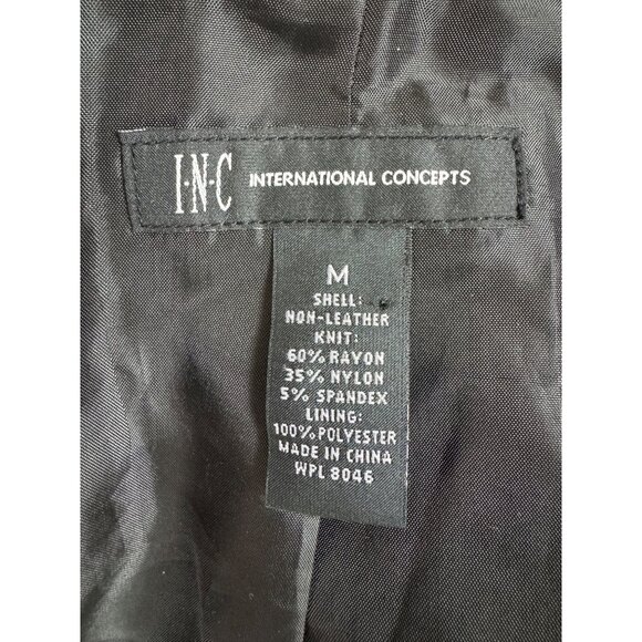 INC Black Faux Leather‎ Moto Cascade Open Jacket Ponte Knit with Pockets Size M - Picture 6 of 7